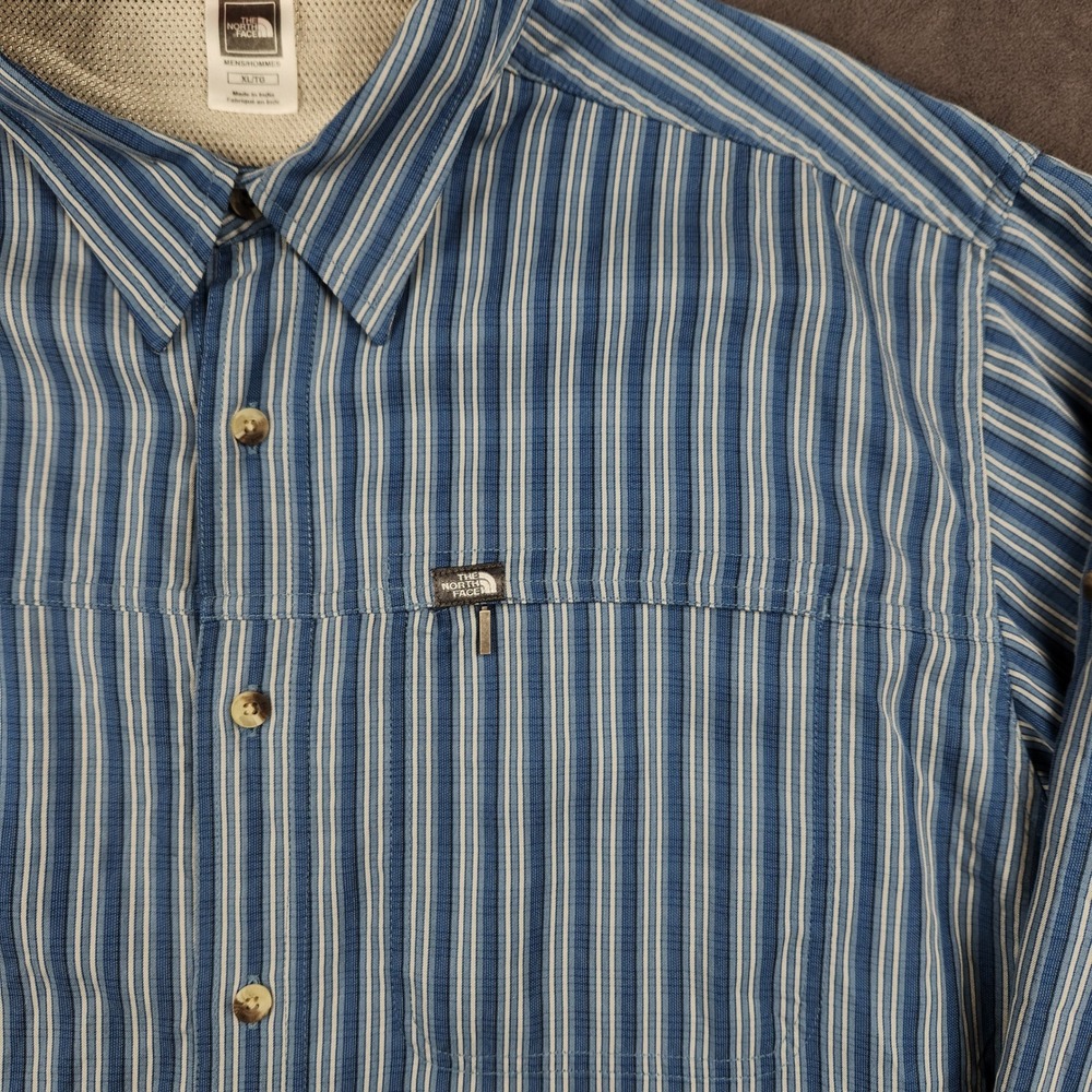 The North Face Shirt Mens XL Blue Striped Roll Tab Sleeve Button Up Modal Hiking